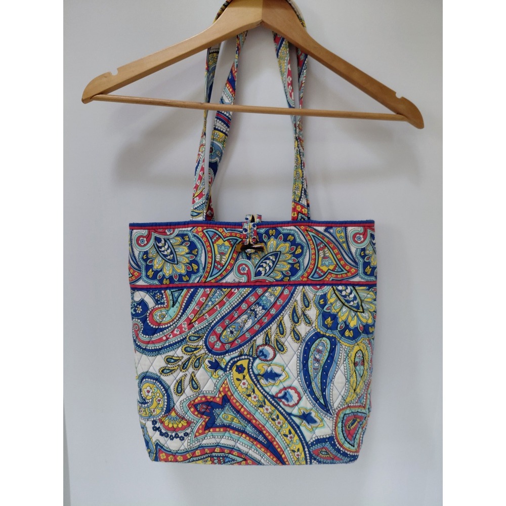 Vera Bradley Quilted Cotton Paisley Tote Bag Blue Red Yellow Toggle Closure